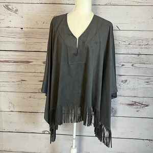 Joseph Ribkoff Fringe Poncho Gray Womens Size L/XL V Neck Pullover Boho